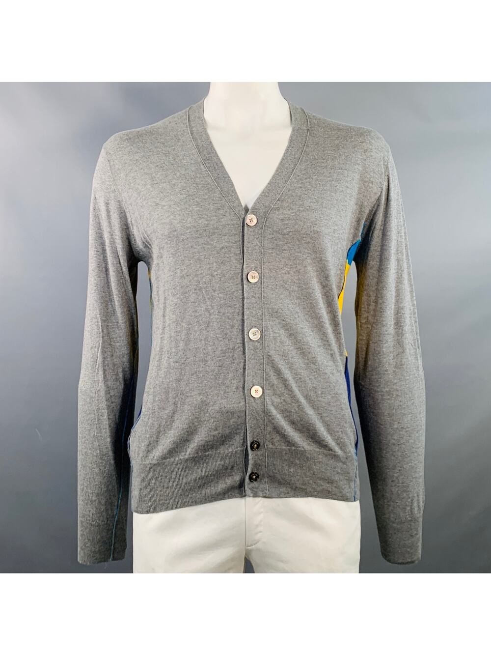 PAUL SMITH Size XL Grey Multi Color Stripe Cotton V-Neck Cardigan